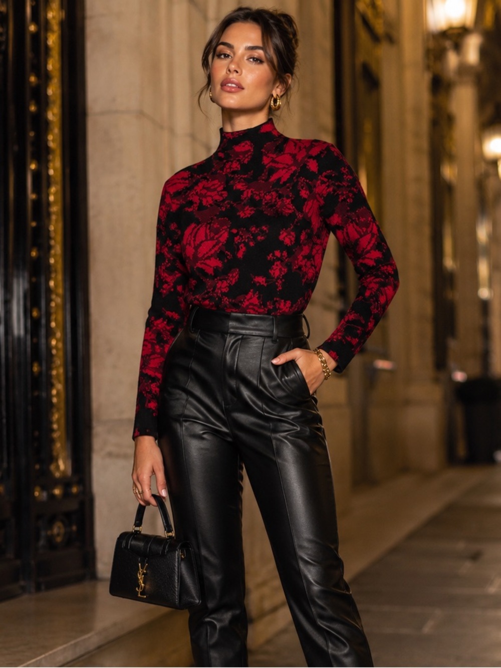 Tahari Red Black Floral Mock Neck Sweater Medium